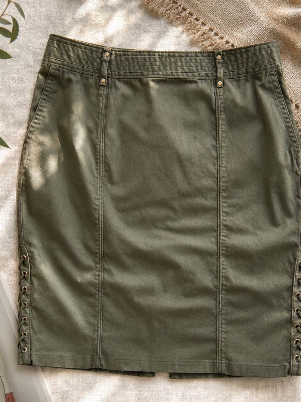 White House Black Market Olive Green Lace-Up Pencil Skirt